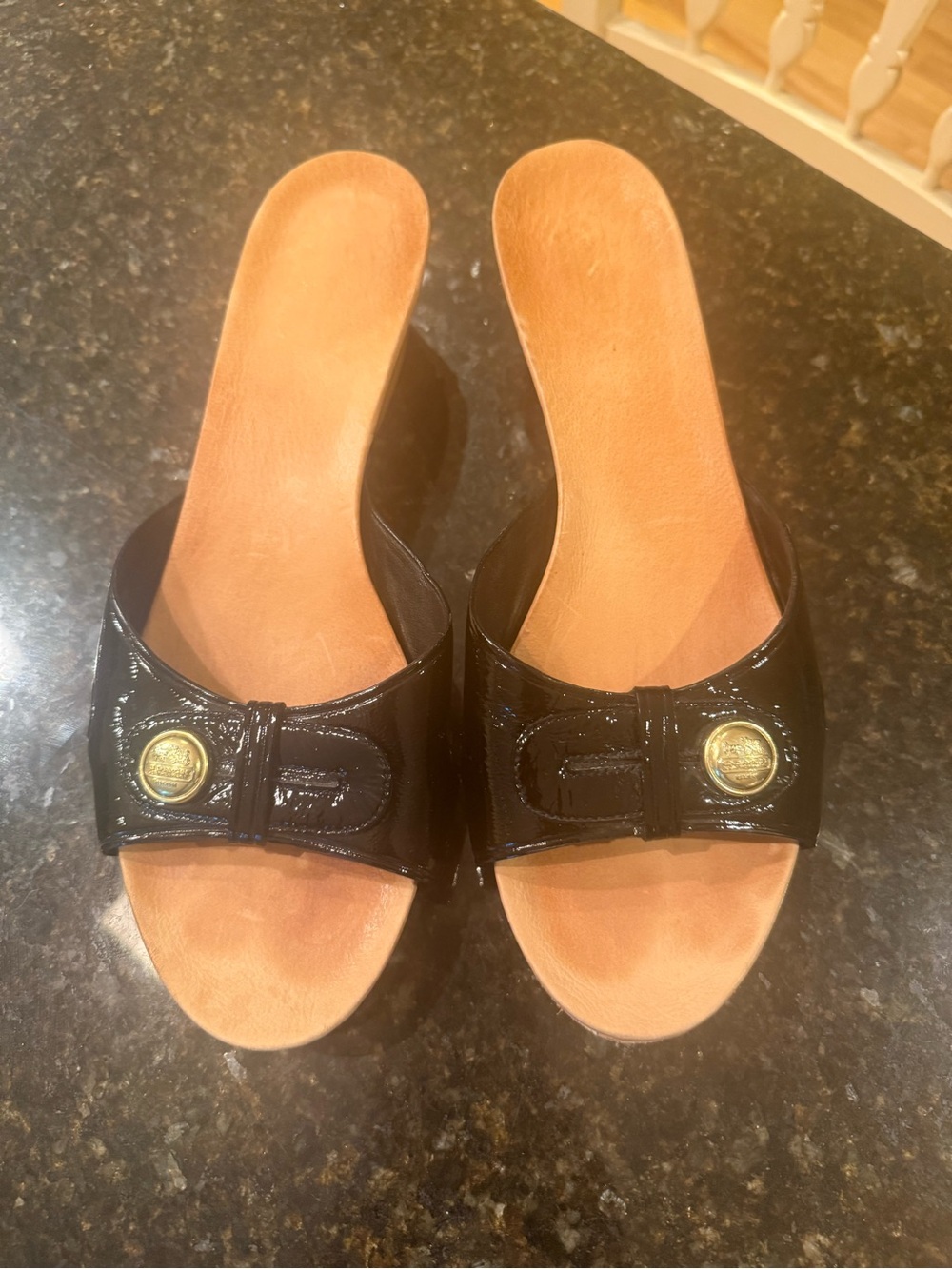 Coach Black Patent Slide Sandals with Gold Button
